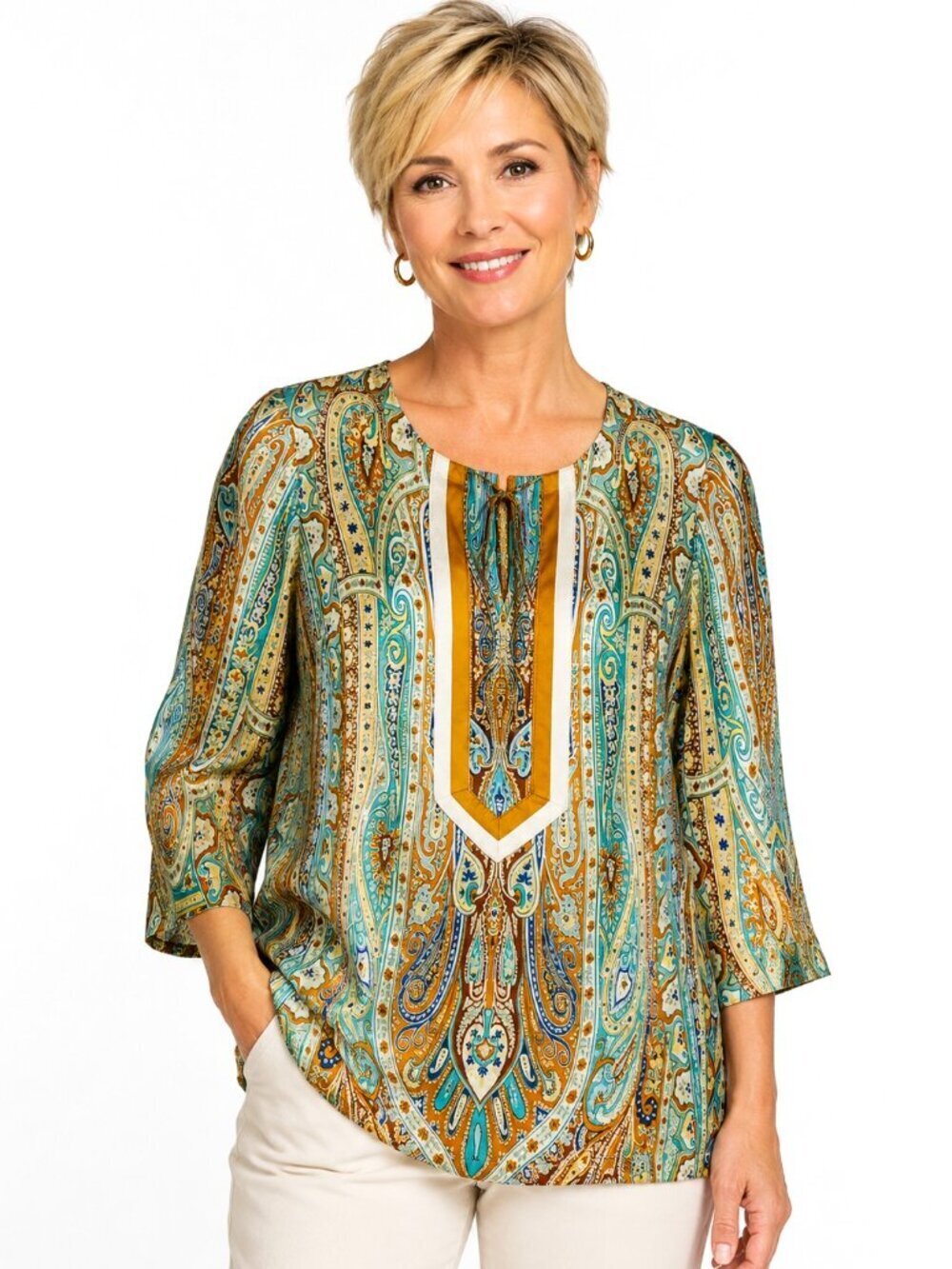 Karena P Blue Brown Paisley Silk Tunic Top